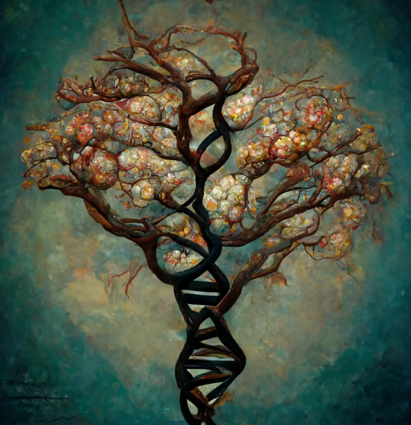 An oil painting of a tree with a DNA double helix as its bough, and leaves of cancer tumors. via Midjourney